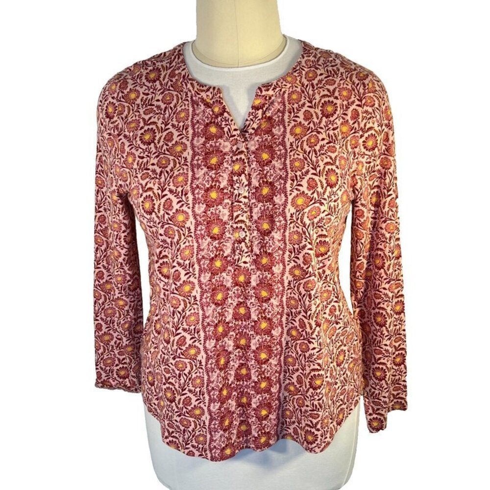Style & Co Blouse Women's L Pink Red Cottage Floral Henley V-Neck Long Sleeve